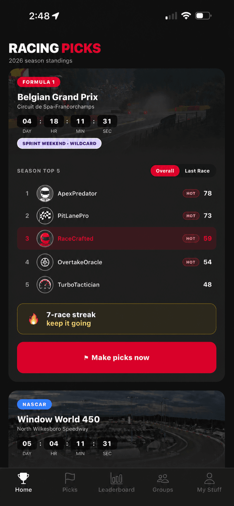 Racing Picks mobile home screen showing an upcoming race, leaderboard, streak, and pick button